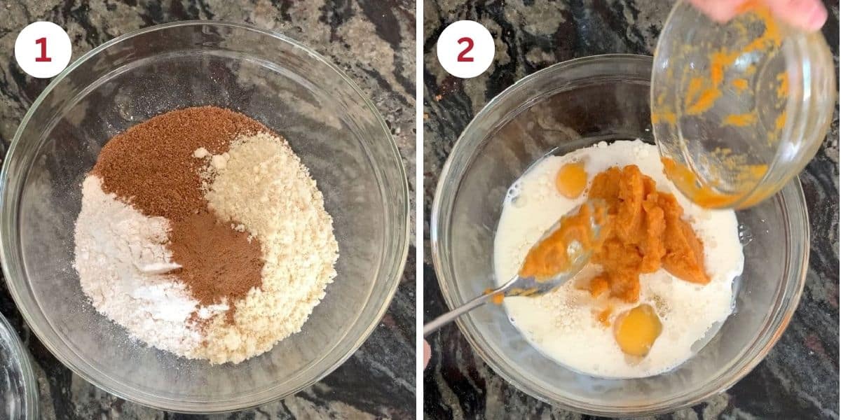 Photos of mixing the wet and dry ingredients in separate mixing bowls.