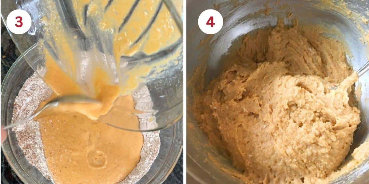Photos showing combining the wet and dry ingredients, and of the batter texture.