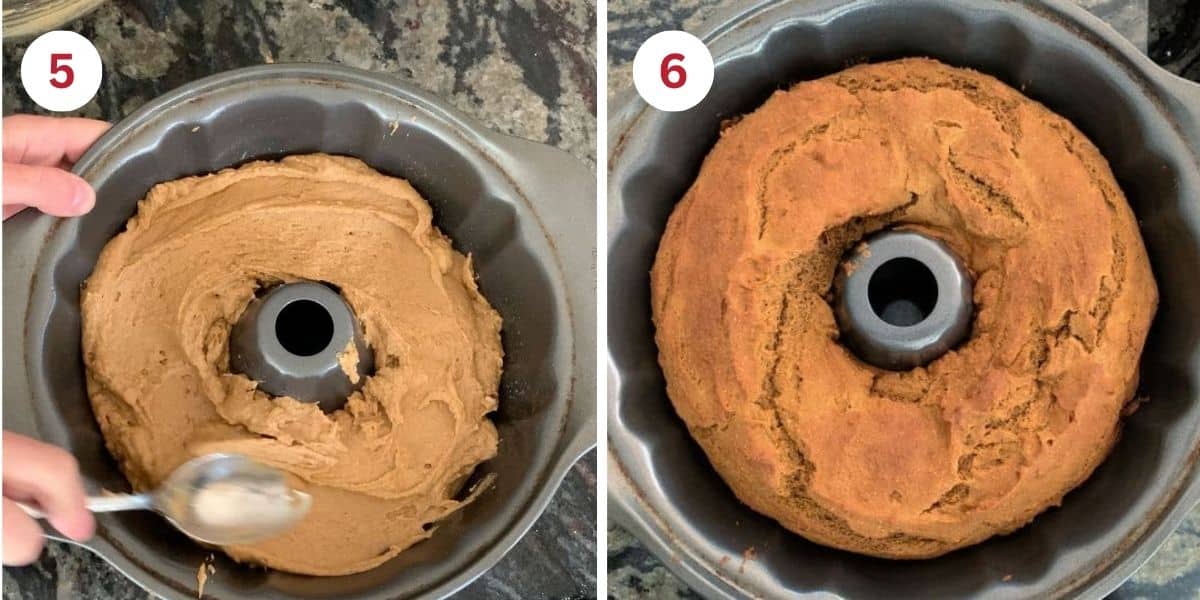 Photos showing the batter in the bundt pan, and the baked cake in the pan.