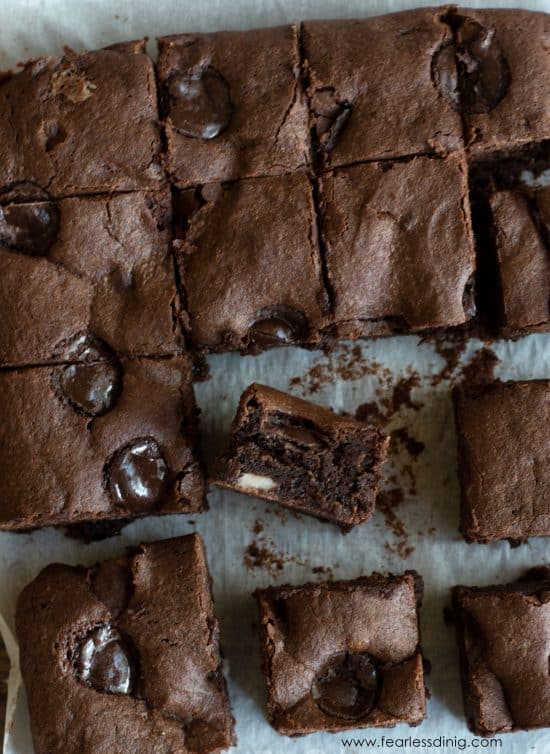 Sliced brownies on the tray.