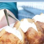 a pin image of sour cream in baked potatoes.