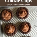 A Pinterest image of a silver tray filled with chocolate cookie cups.