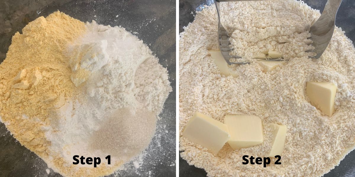 photos of steps 1 and 2 making cornmeal biscuits.