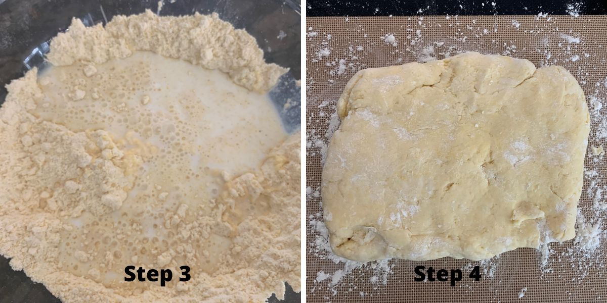 Photos of steps 3 and 4 making cornmeal biscuits.