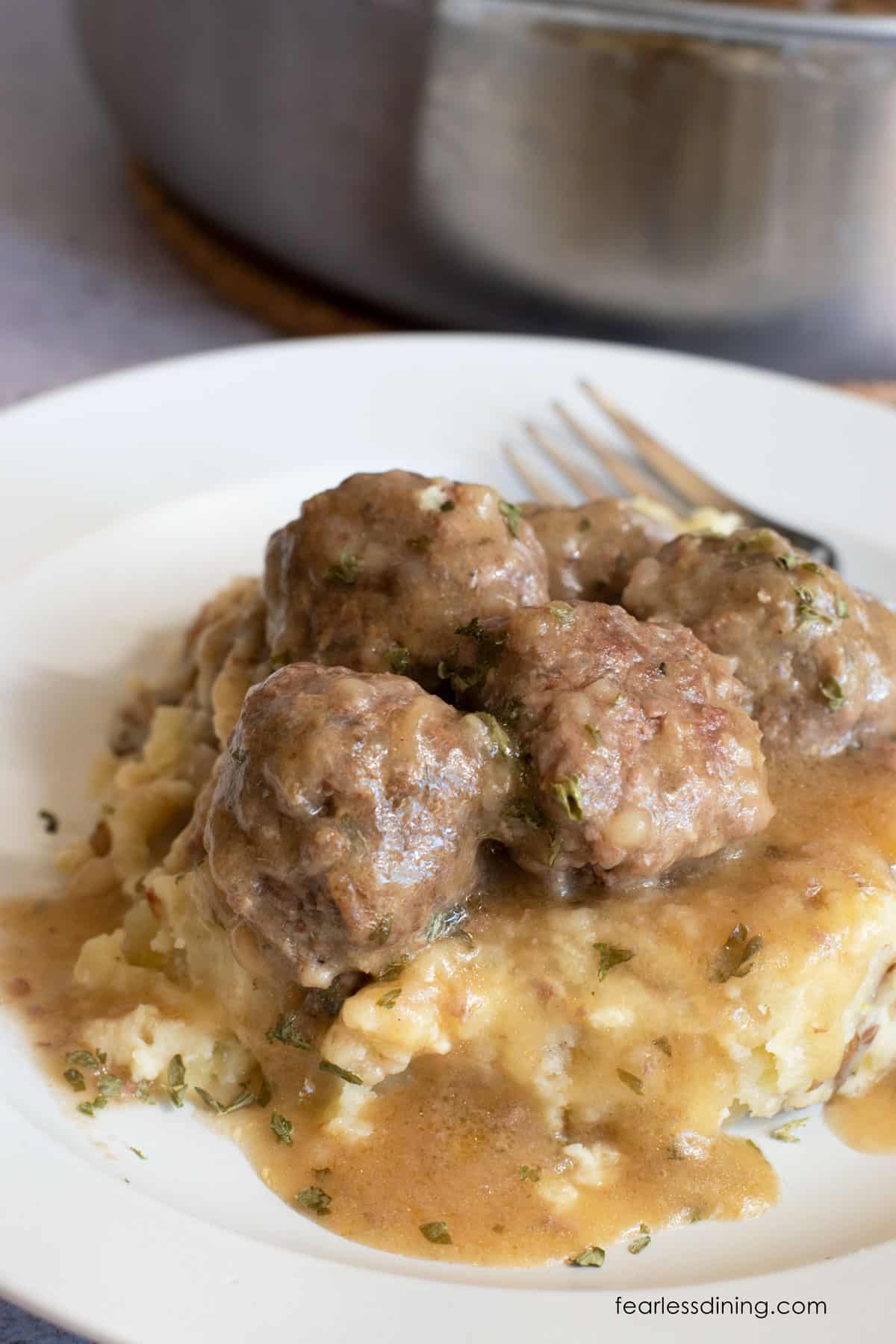 Swedish meatballs over mashed potatoes.