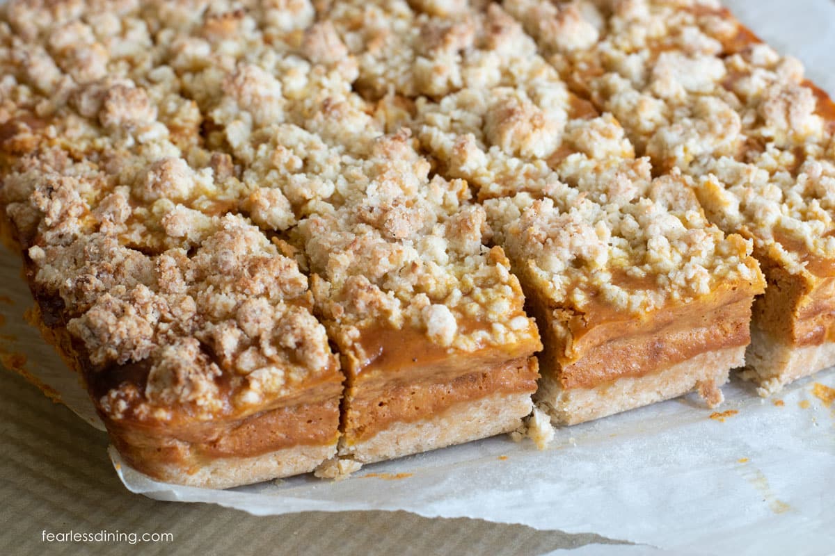 sliced pumpkin bars close up.