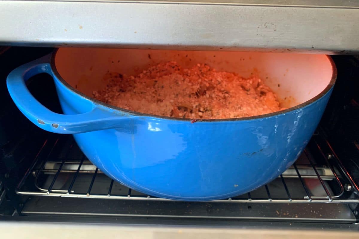 The pot of pasta under the broiler.