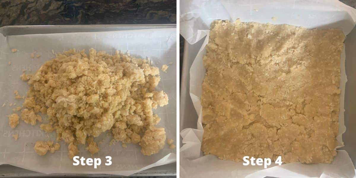 Photos of steps 3 and 4 making pumpkin pie crumble bars.