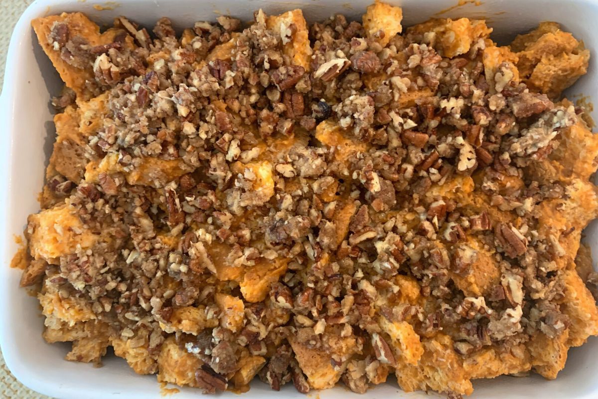 French toast casserole ready to bake.