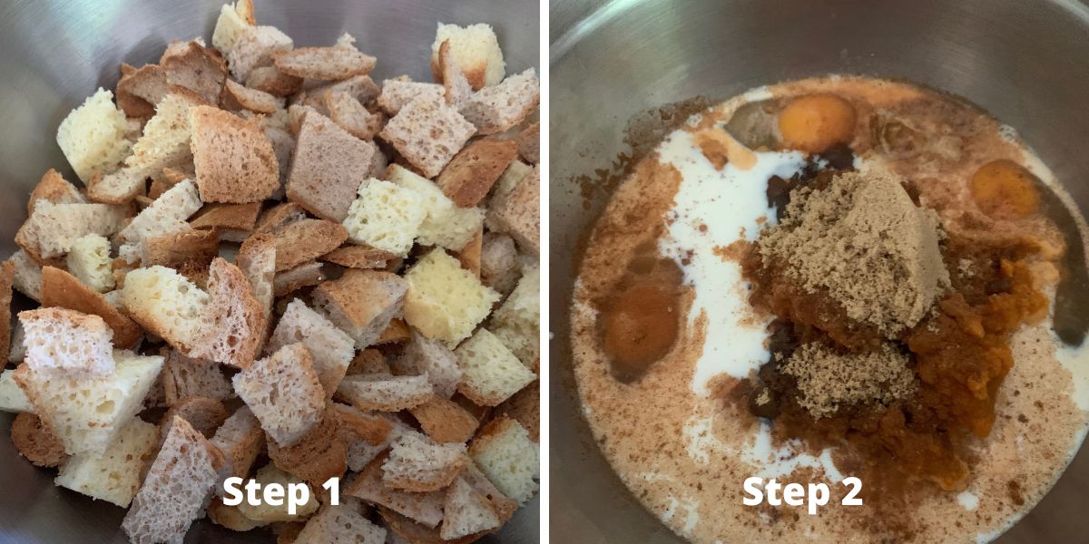 Photos of steps 1 and 2 making pumpkin french toast casserole.