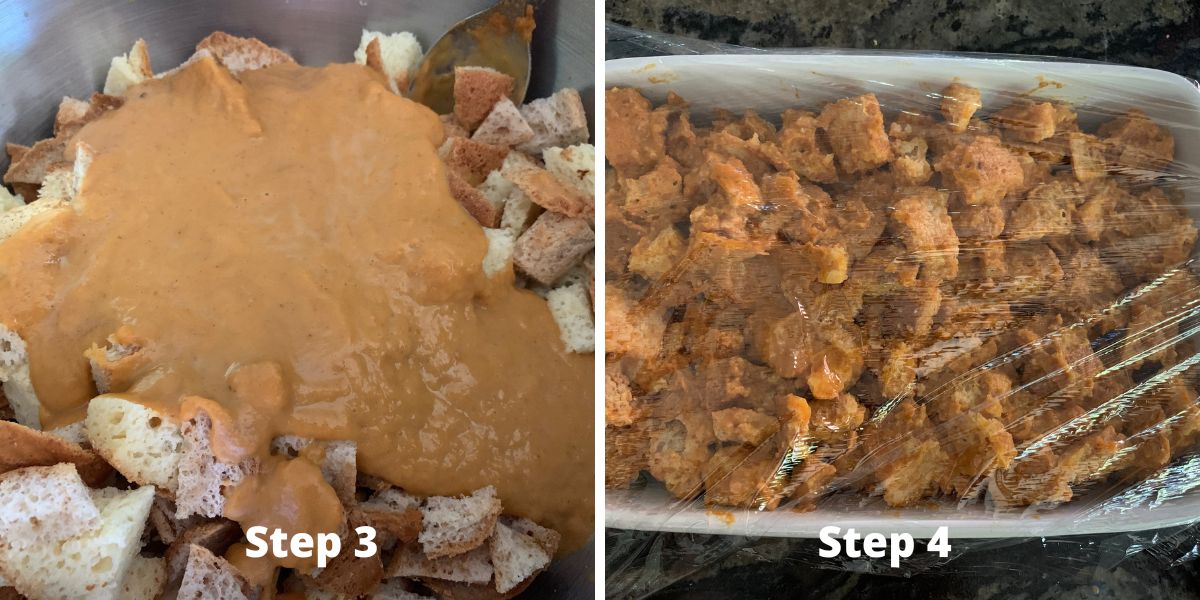 Photos of steps 3 and 4 making pumpkin french toast casserole.