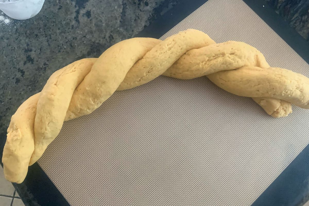 Twisted challah strands.