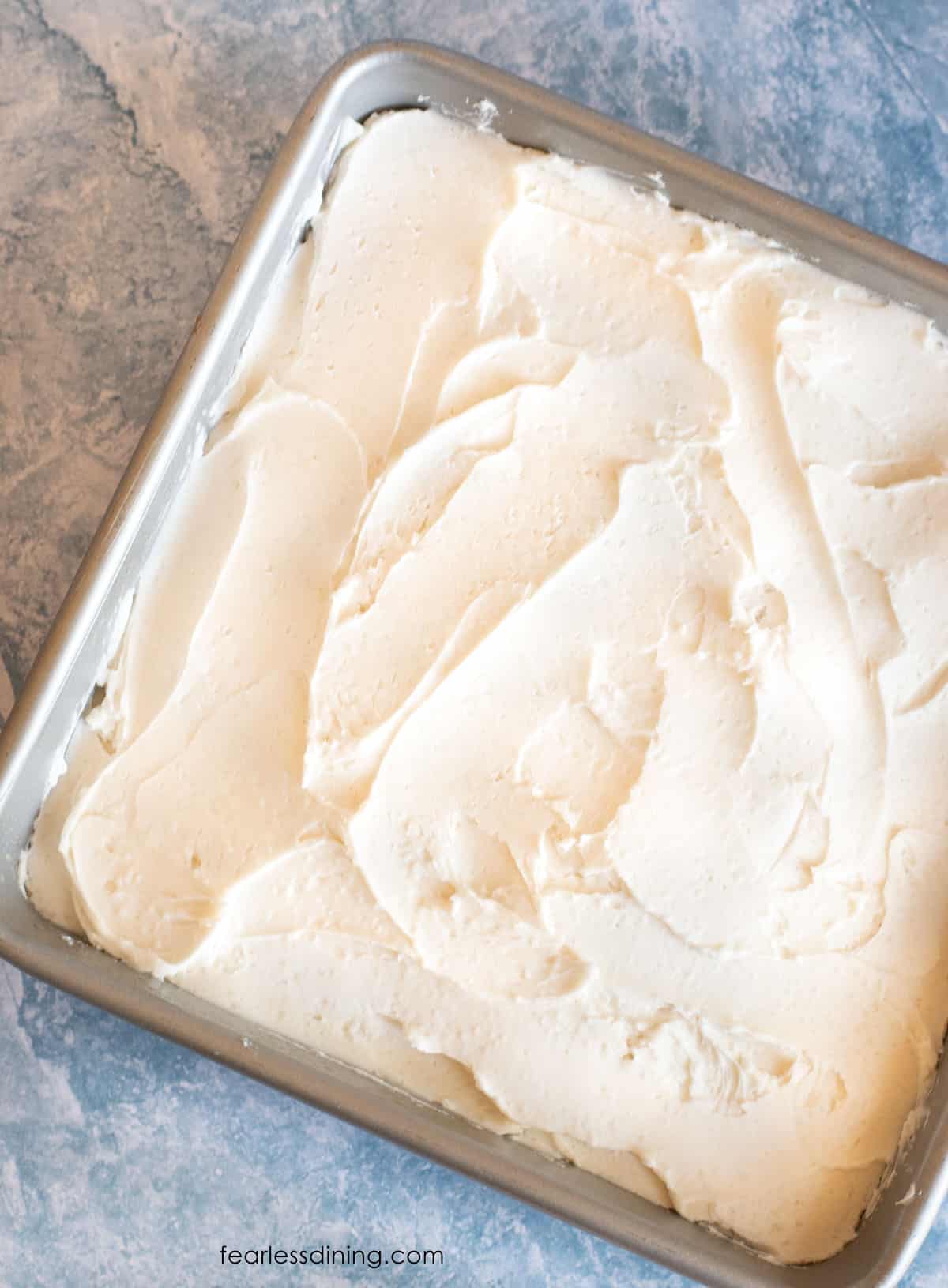 The final frosted cake in an 8x8 pan.