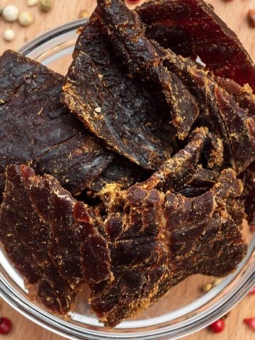 beef jerky in a glass bowl.
