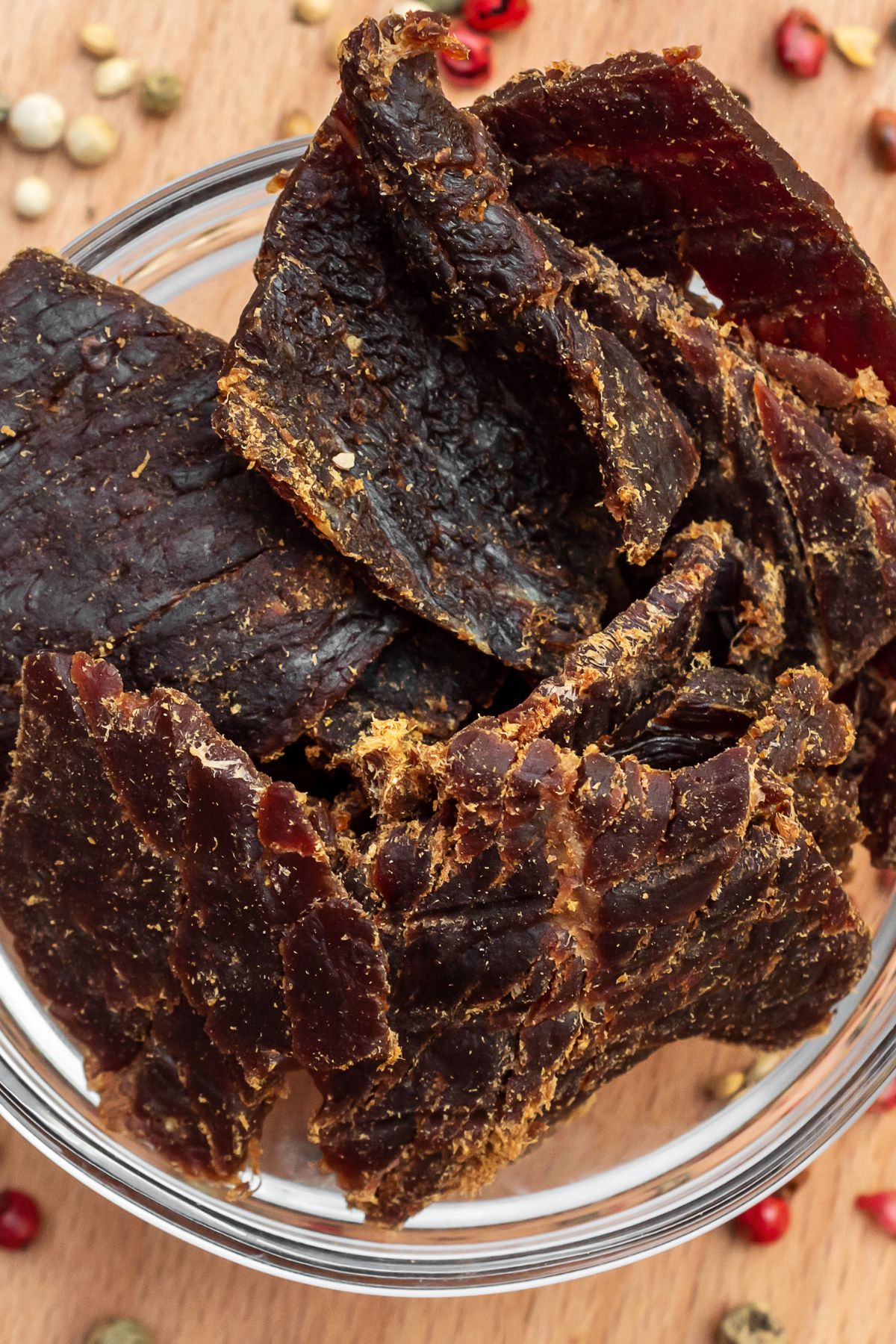 The beef jerky in a glass bowl.