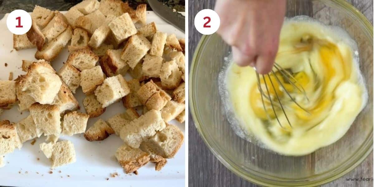 Photos of the bread cubes and mixing the wet ingredients.