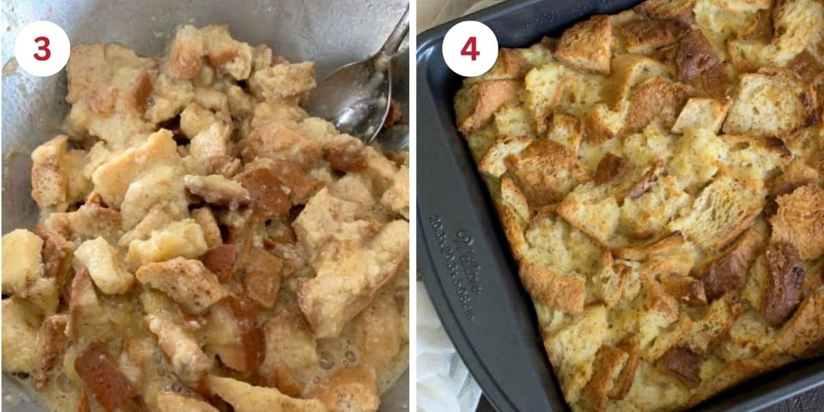 Photos of the bread cubes soaking in the liquid and of the baked bread pudding.