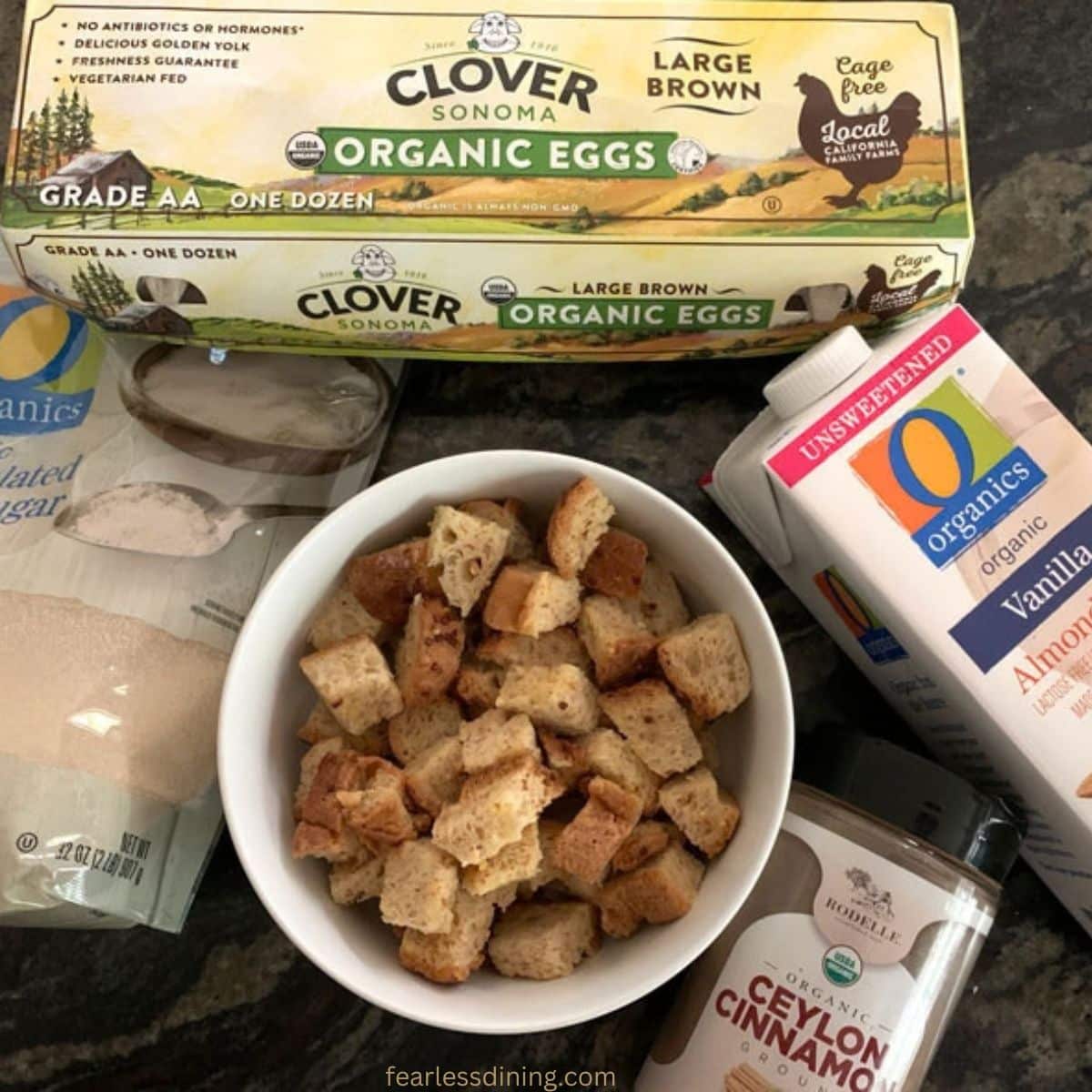 Photos of the ingredients used to make this gluten free bread pudding recipe.
