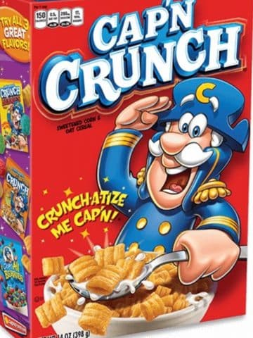 A photo of a box of Captain Crunch breakfast cereal.
