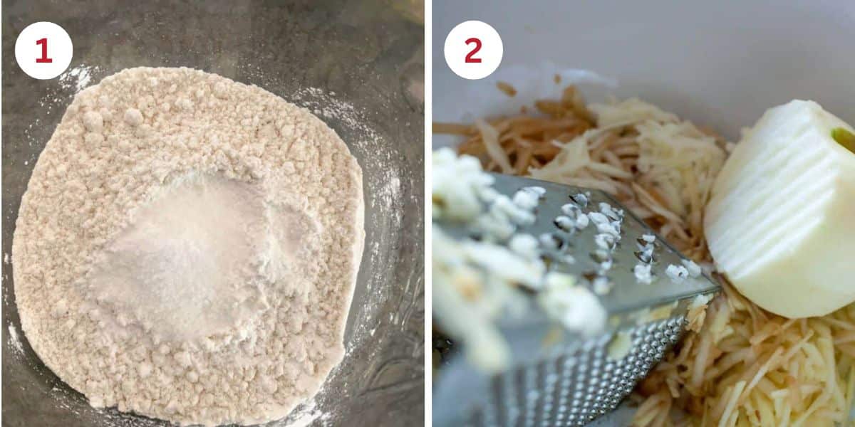 Photos of mixing the dry ingredients and shredding the apples.