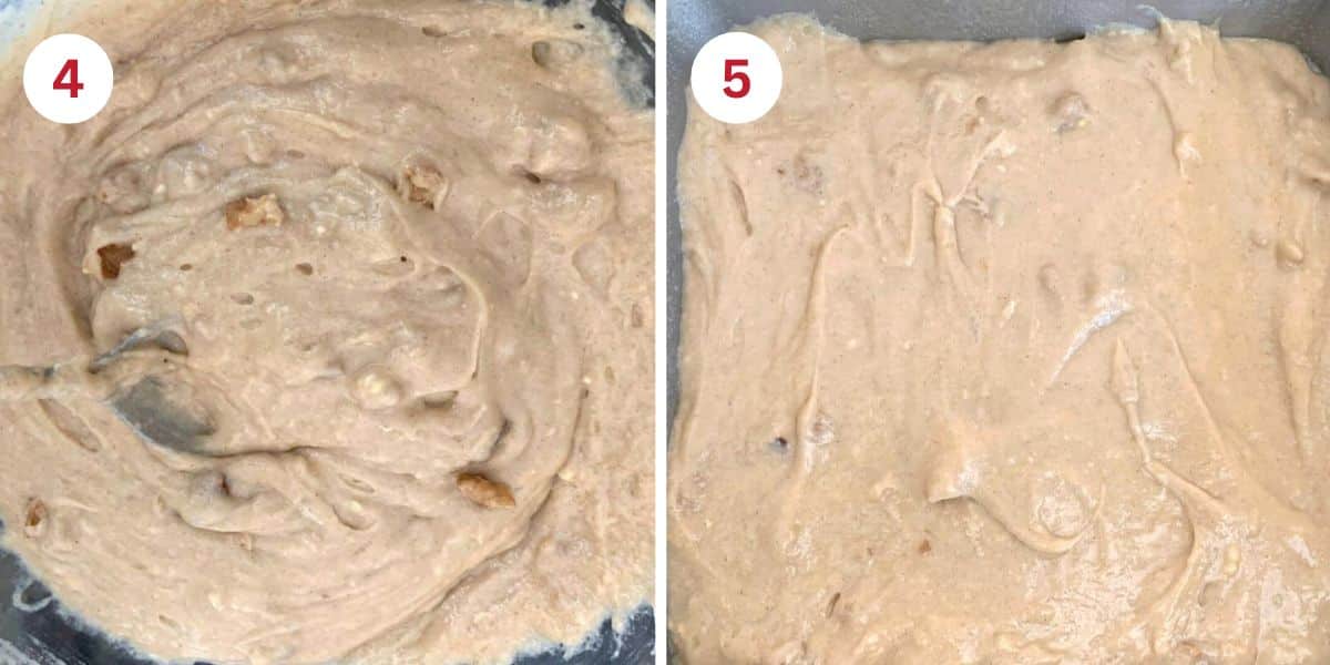 A close up of the cake batter and of the cake batter in an 8x8 baking pan.