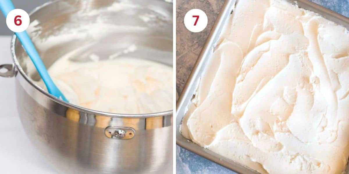 Photos of the frosting in a mixing bowl and of the frosted cake in the pan.