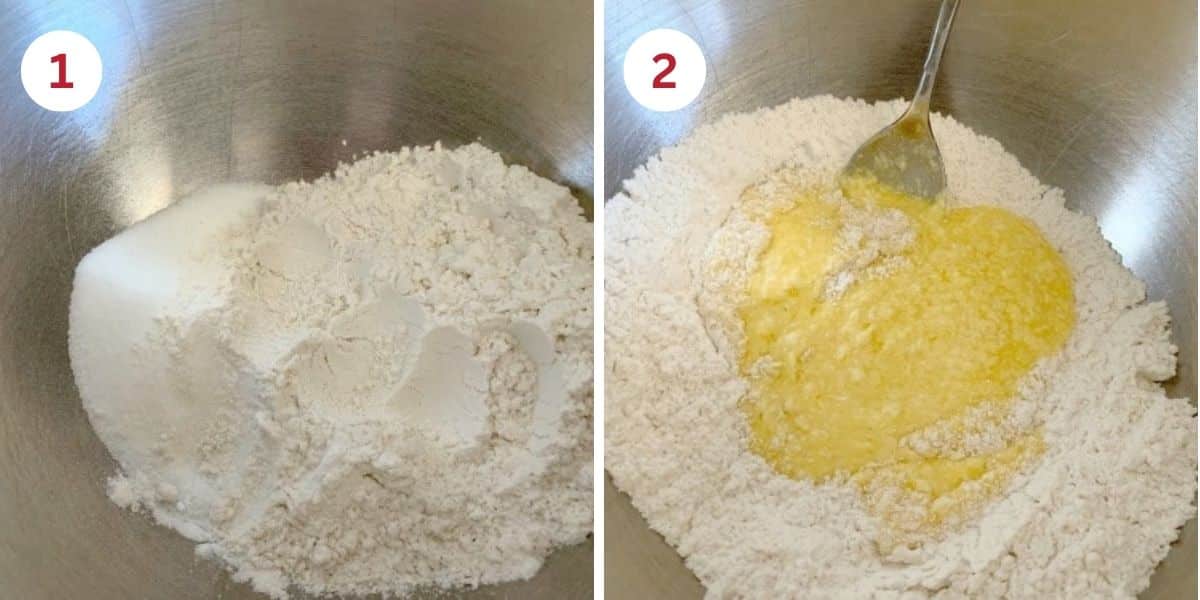 Photos mixing the dry ingredients, then adding the wet ingredients.