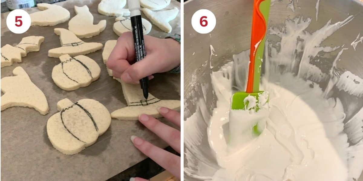 Photos using an edible marker to trace designs on the cookies and of the royal icing in the stand mixer.