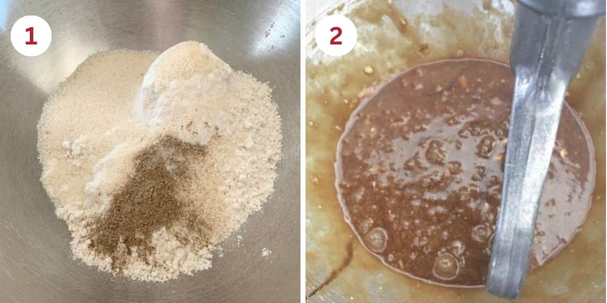 The wet and dry ingredients in separate bowls.