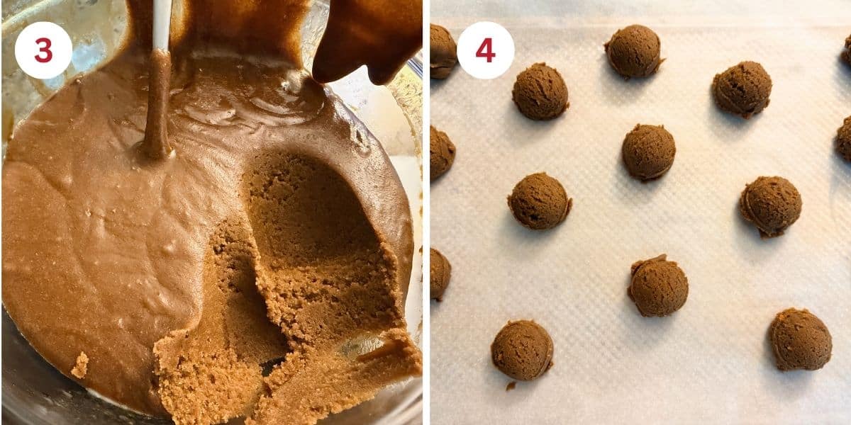 Photos of the cookie dough and cookie dough balls on the cookie sheet.