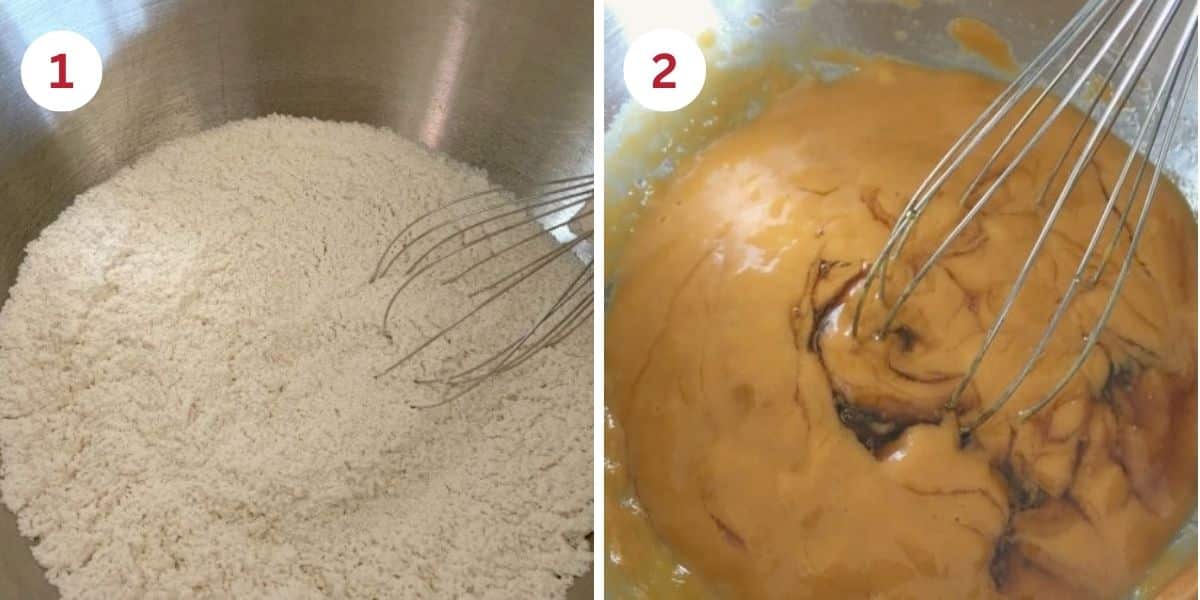 Photos of mixing the wet and dry ingredients in separate mixing bowls.