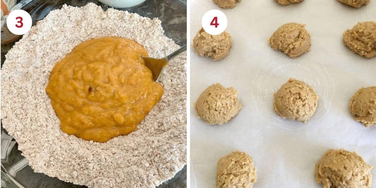 Photos mixing the wet and dry ingredients into batter and the whoopie pie batter on a baking sheet.