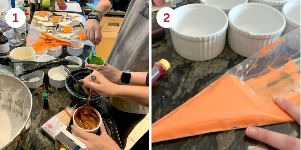 Photos ading food coloring to ramekins full of royal icing, and of the orange royal icing in a pipping bag.