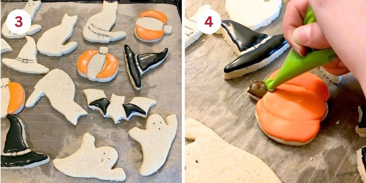 Photos showing adding layers of royal icing to decorate the cookies in sections.
