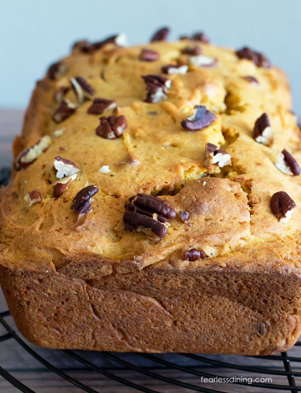 The front view of the baked sweet potato cake loaf.