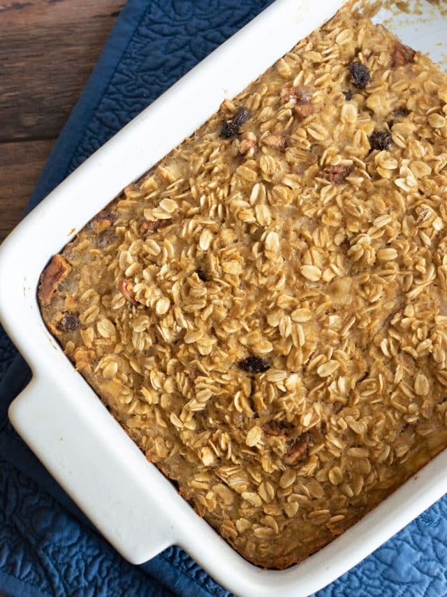 A casserole dish filled with baked banana oatmeal.