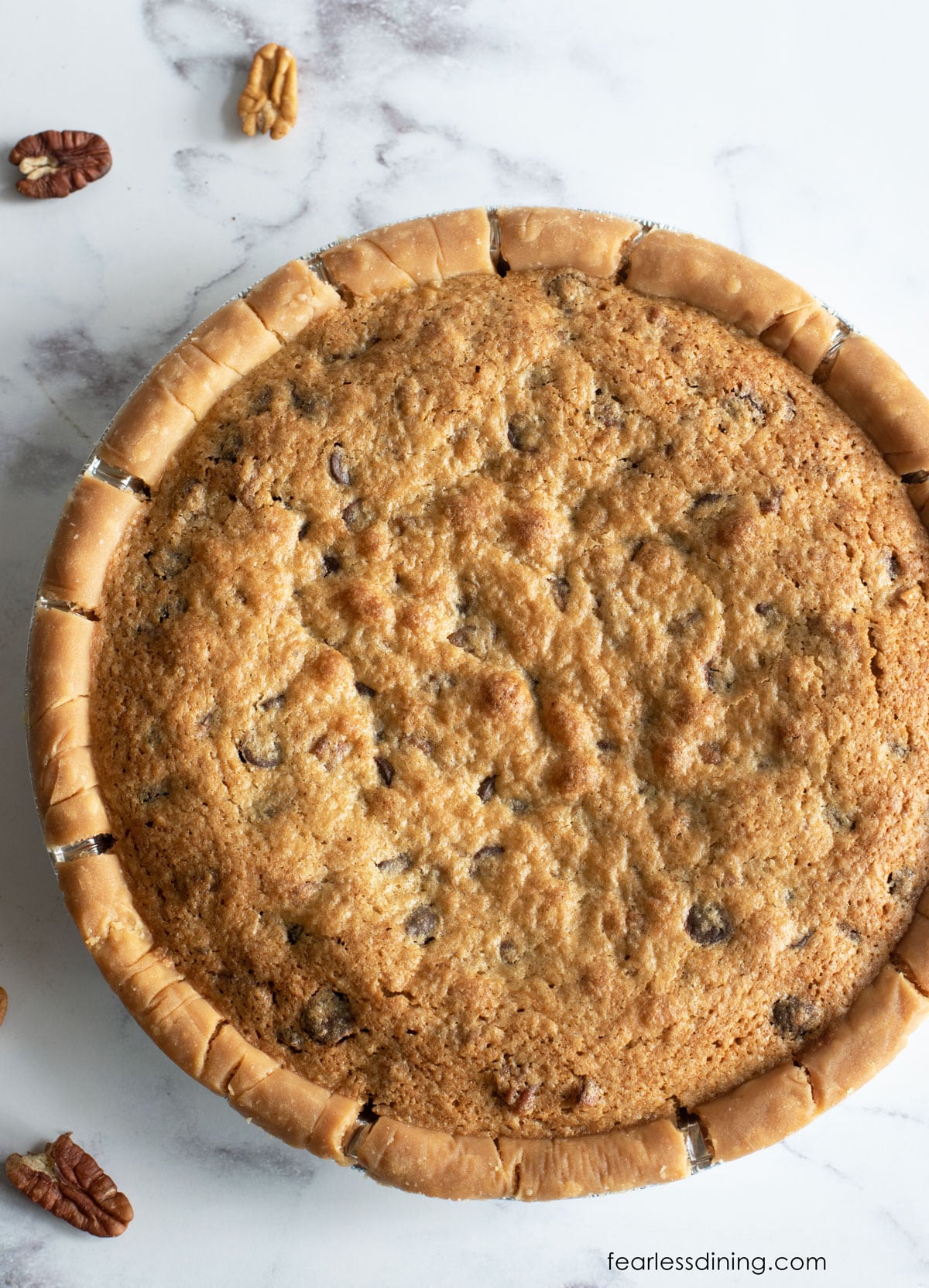 The top view of a whole gluten free derby pie.