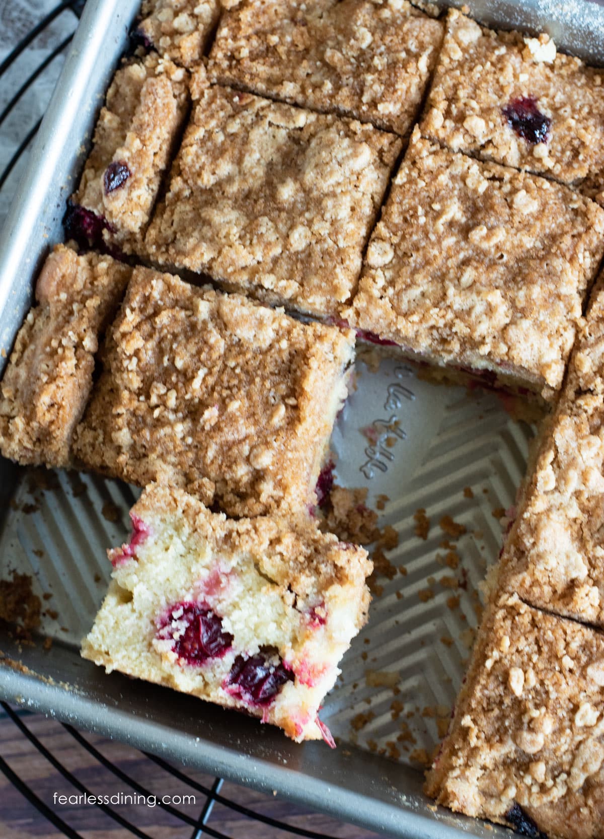 A slice of coffee cake in the pan.