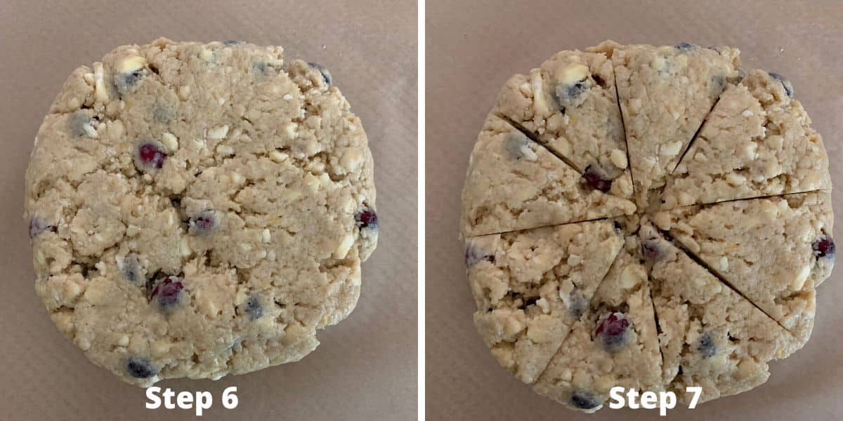 Photos of steps 6 and 7 making the cranberry scones.