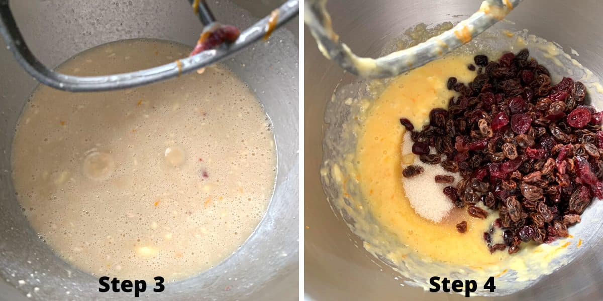 photos of wet ingredients in the mixer bowl.