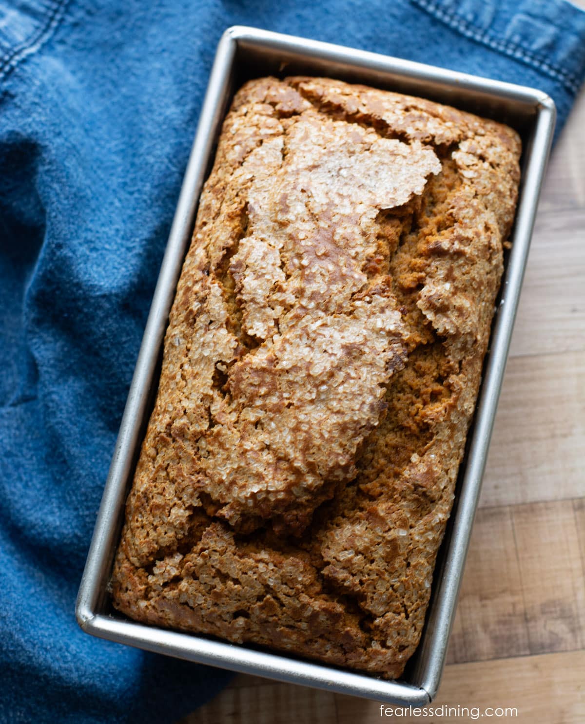 The top view of the sweet potato loaf cake in a pan.