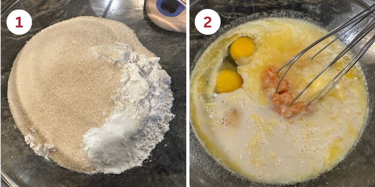 Two photos showing bowls with the dry ingredients and wet ingredients.
