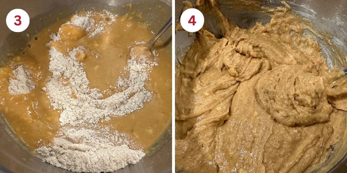 Photos showing mixing the sweet potato cake batter.