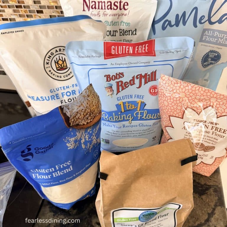 Photos of bags of gluten free flour blend on the counter.