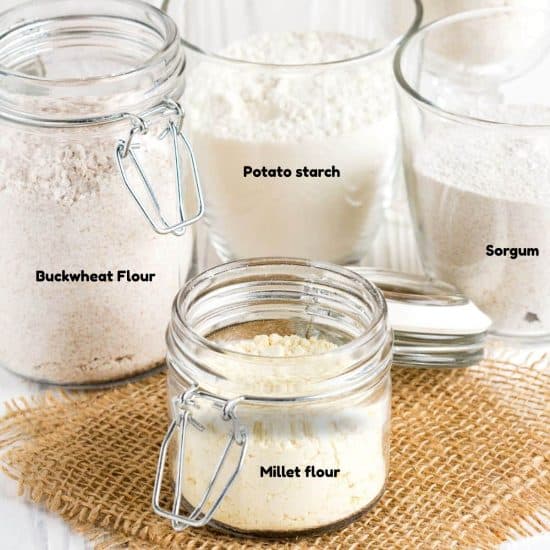 Gluten-free flour types in different jars.