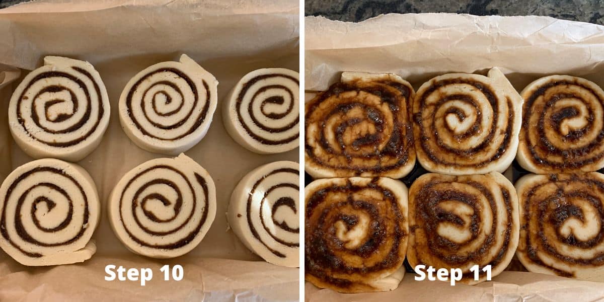 Photos showing how much the cinnamon rolls rose in the pan.