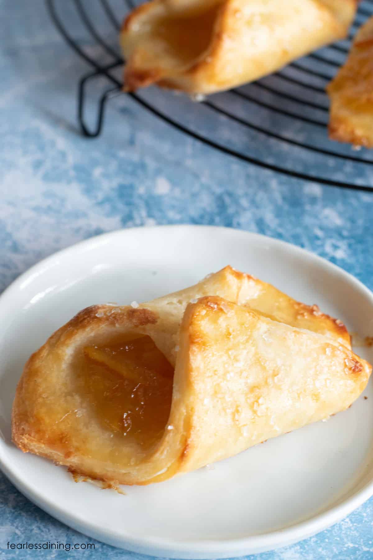 A pastry filled with orange marmalade on a white plate.