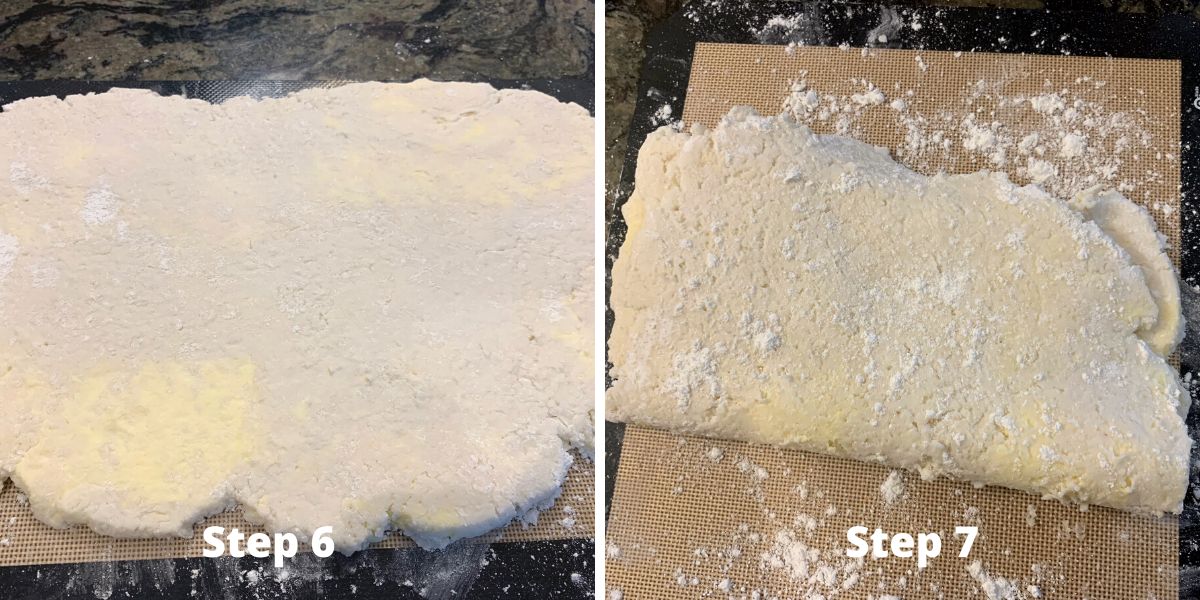 Photos showing rolling out the dough to laminate it.