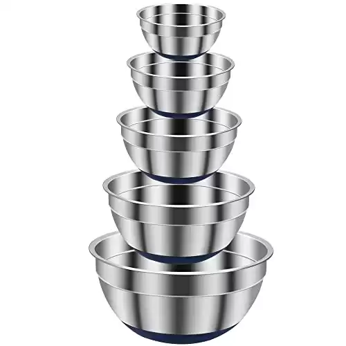 REGILLER Stainless Steel Mixing Bowls (Set of 5), Non Slip Silicone Bottom Nesting Storage Bowls