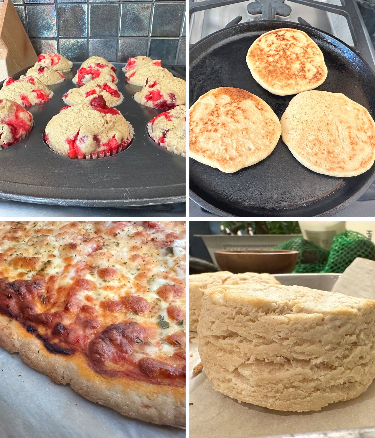 Four photos of recipe tests. Gluten free muffins, pancakes, pizza, and biscuits.